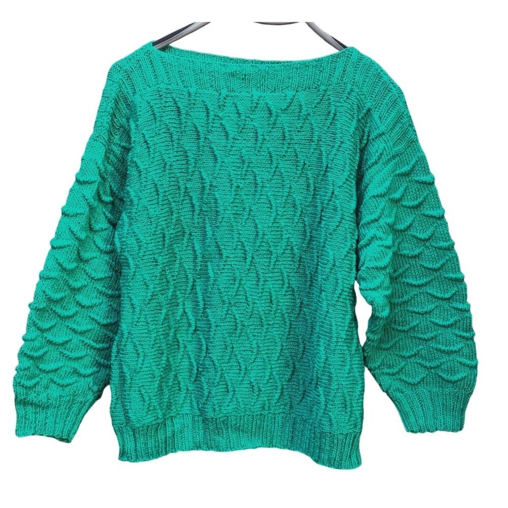 Vintage Hand-Knit Teal Cotton Pullover Sweater Women’s Size M NOS OOAK - Picture 1 of 4
